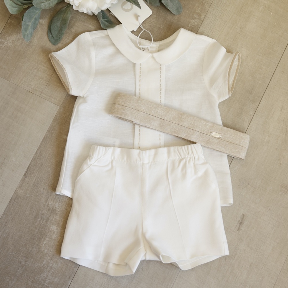 Boy's Off White Ivory and Beige Khaki Linen Shorts Suit 4-6 Months Boutique NWT